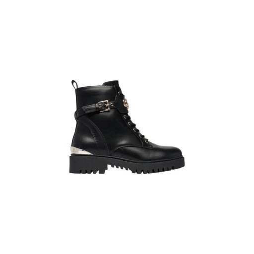 Guess Schwarze Damen-Schnürstiefelette aus Polyurethan mit silberfarbenem Metallic-Absatz und goldfarbener Schnalle