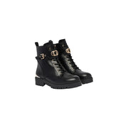 Guess women black polyurethane lace up ankle boots with gold-tone buckle accents and chunky sole in leather combat style
