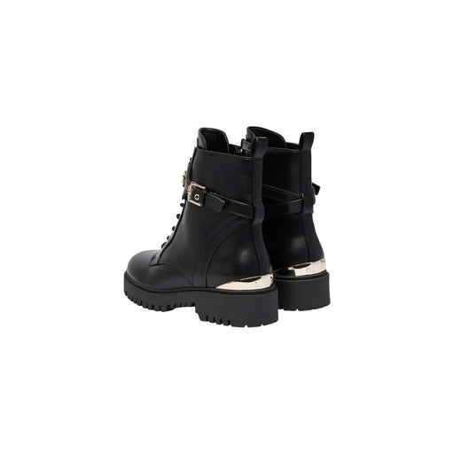 Guess Schwarze Damen-Ankle-Boots aus Polyurethan mit silbernen Schnallen und Absatzverzierungen aus schwarzem Lackleder
