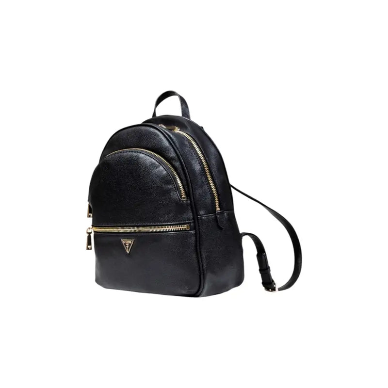 Guess women black textured leather polyurethane rucksack with gold-tone zippers and triangular logo front view
