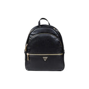 Black faux leather Guess backpack with gold zippers and triangular logo for women