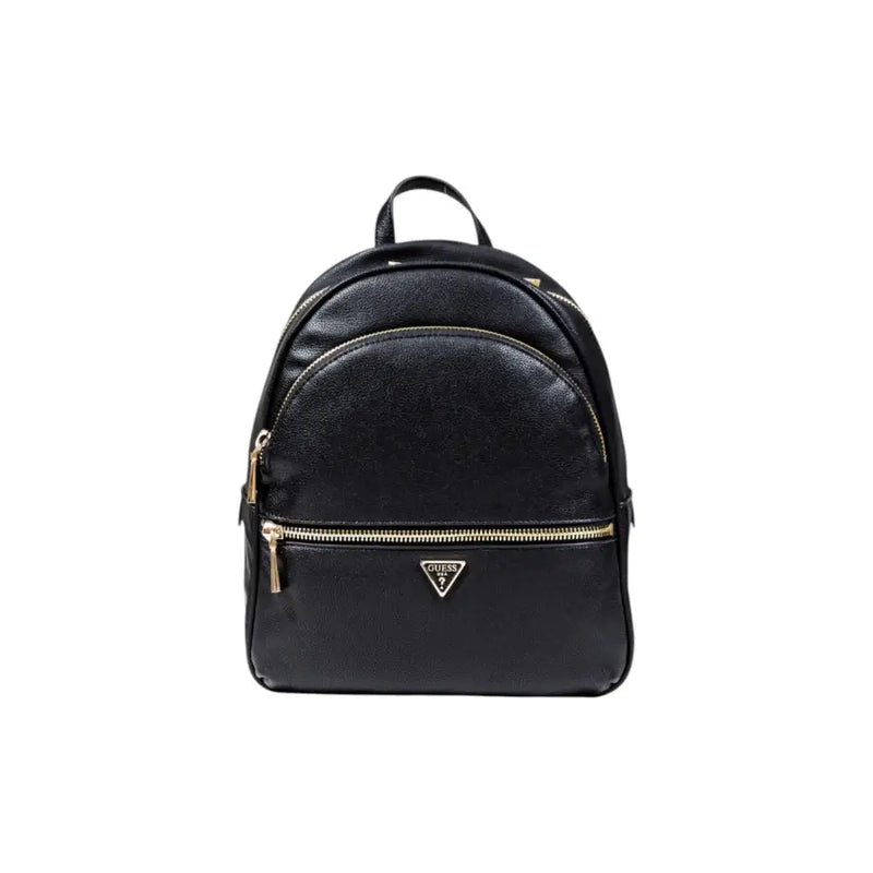 Black faux leather Guess backpack with gold zippers and triangular logo for women