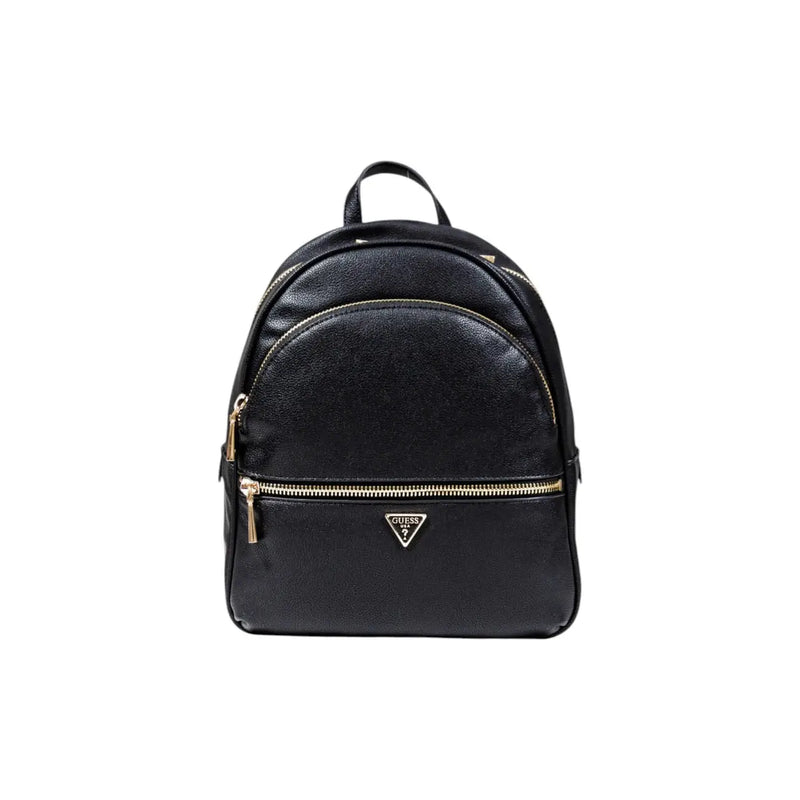 Black Guess women polyurethane rucksack with textured leather-like material and gold-tone zippers multiple pockets