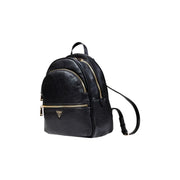 Guess women black textured leather polyurethane rucksack with gold-tone zippers and triangular logo front view