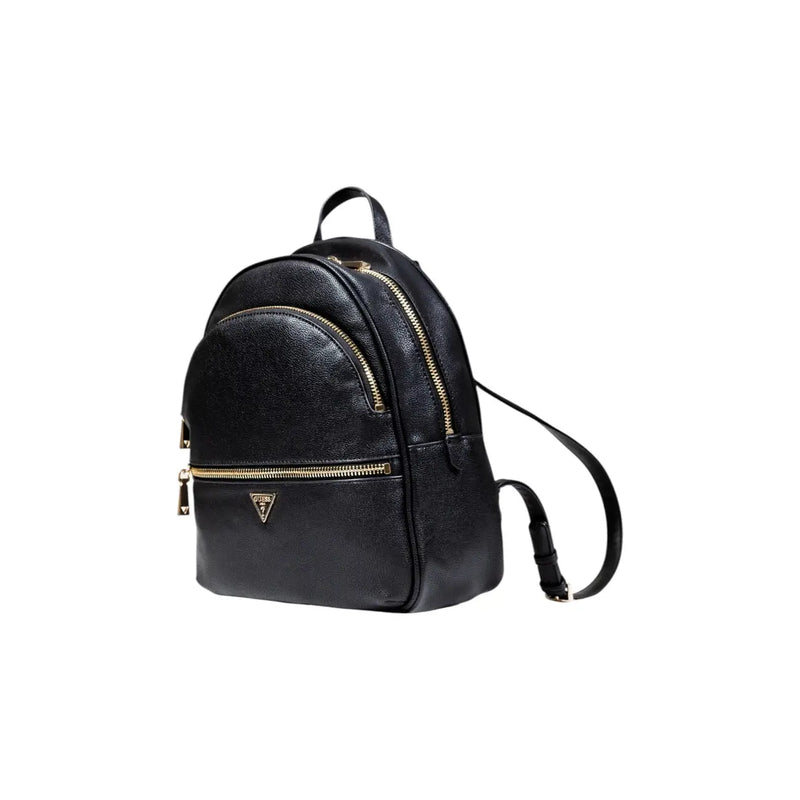 Guess women black textured leather polyurethane rucksack with gold-tone zippers and triangular logo front view