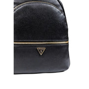 Guess women black textured polyurethane rucksack backpack with multiple pockets and gold-tone zipper triangle logo