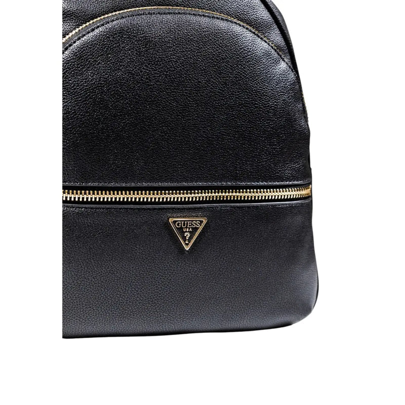 Guess women black textured polyurethane rucksack backpack with multiple pockets and gold-tone zipper triangle logo