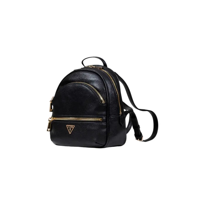 Guess Women Black Polyurethane Zip Rucksack featuring black faux leather, gold-tone zippers