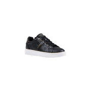 Black guess women slip on polyurethane sneaker with subtle embossed logo pattern and white rubber sole
