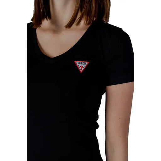 Guess black V-neck short-sleeved cotton T-shirt with logo patch