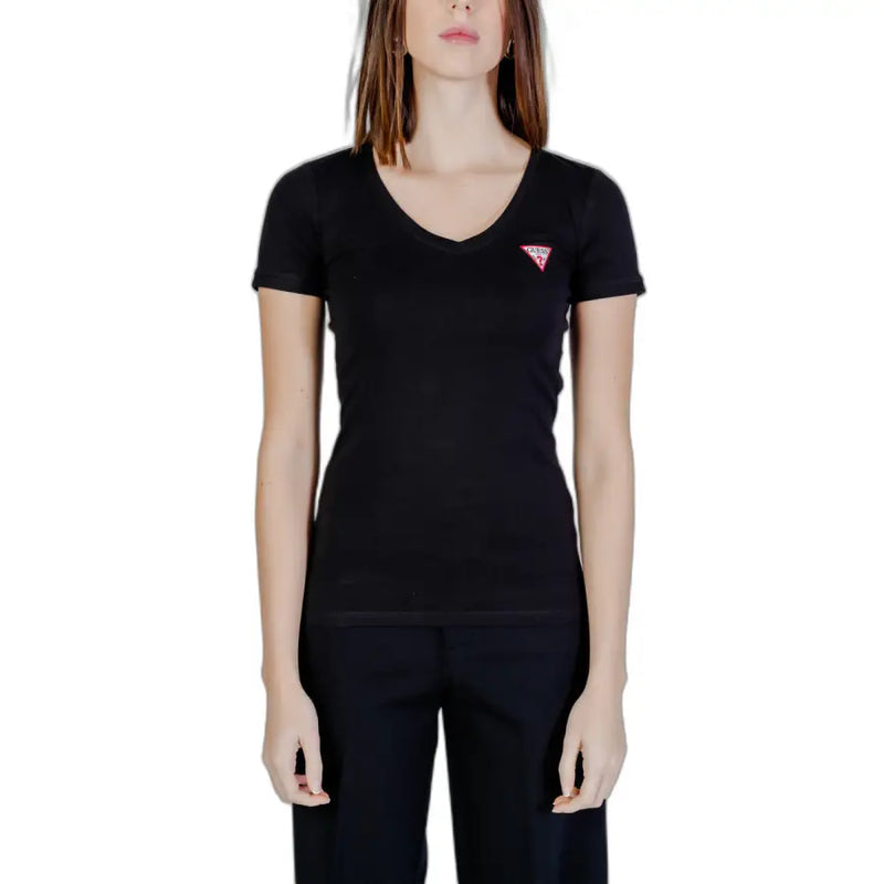 Guess Schwarzes, kurzärmeliges Baumwoll-T-Shirt mit V-Ausschnitt für Damen T-shirt mit rosa Logo