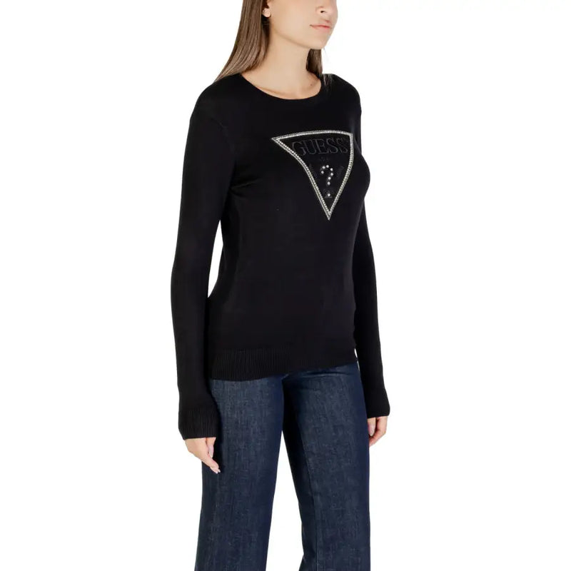 Black long-sleeved Guess T-shirt with sparkling triangular logo and rhinestone details