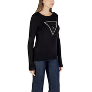 Black long-sleeved Guess T-shirt with sparkling triangular logo and rhinestone details