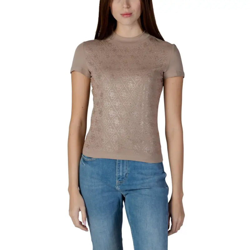 Guess Women beige short-sleeved turtleneck top with metallic diamond pattern