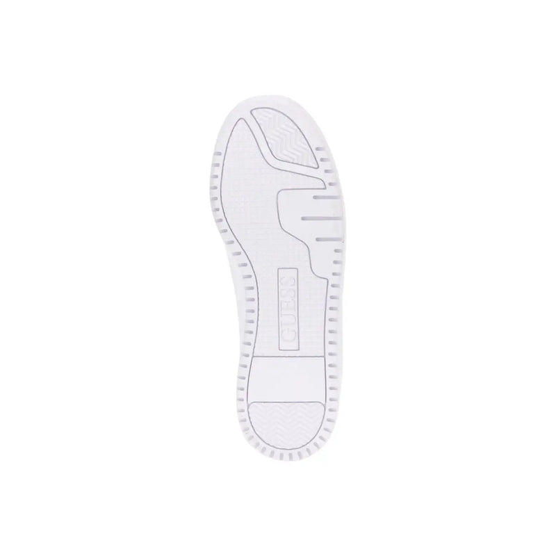 White rubber sole with embossed Guess logo and textured tread pattern on back side of black polyurethane women sneakers
