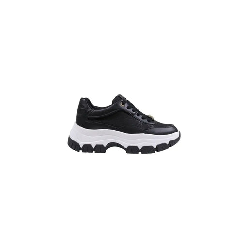 Guess Schwarze Damen-Sneaker aus Leder mit dicker, weiß-schwarzer Gummisohle und Schnürung aus Synthetik