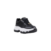 Black Guess women chunky sneaker synthetic lace up with white rubber sole and gold tone eyelets