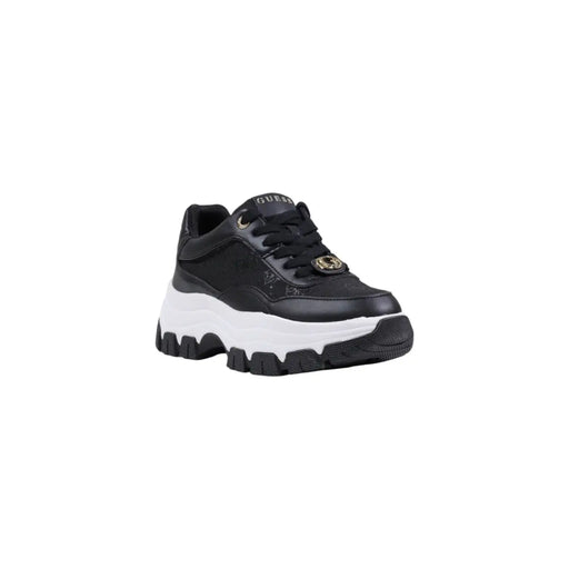 Schwarz Guess Damen-Sneaker aus Synthetikmaterial mit klobiger Sohle, Schnürung, weißer Gummisohle und goldfarbenen Ösen