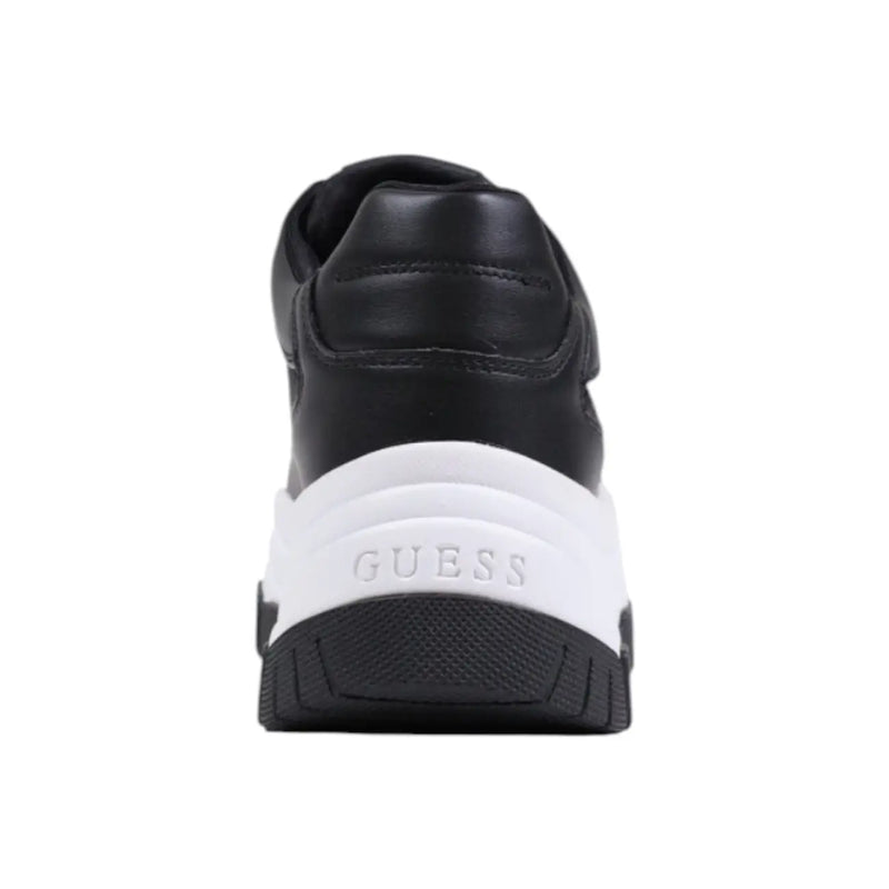 Black leather Guess women sneaker with chunky white midsole and black rubber outsole synthetic lace up design
