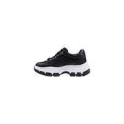 Guess women black sneakers synthetic lace up featuring black leather with thick white rubber sole and black laces