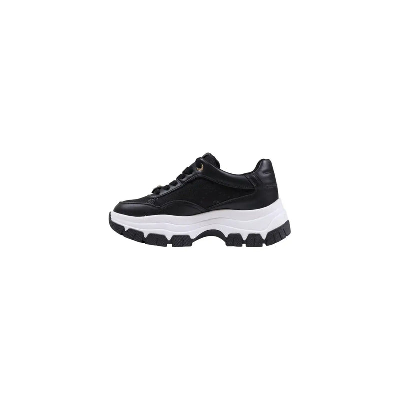 Guess women black sneakers synthetic lace up featuring black leather with thick white rubber sole and black laces