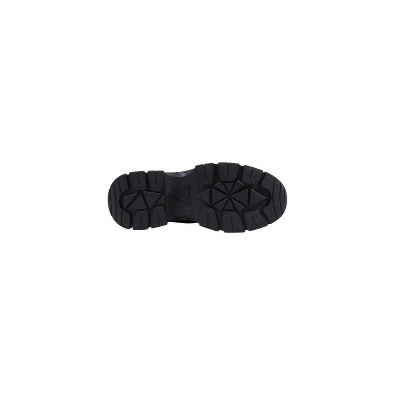 Black rubber sole with geometric tread pattern and subtle logo on guess women black synthetic lace up sneakers back side