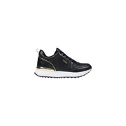 Black Guess women sporty slip on sneaker with gold accents and white rubber sole for fall winter wear