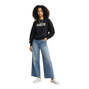 Guess women black sweatshirt with silver glitter logo lettering est made from a viscose blend fabric