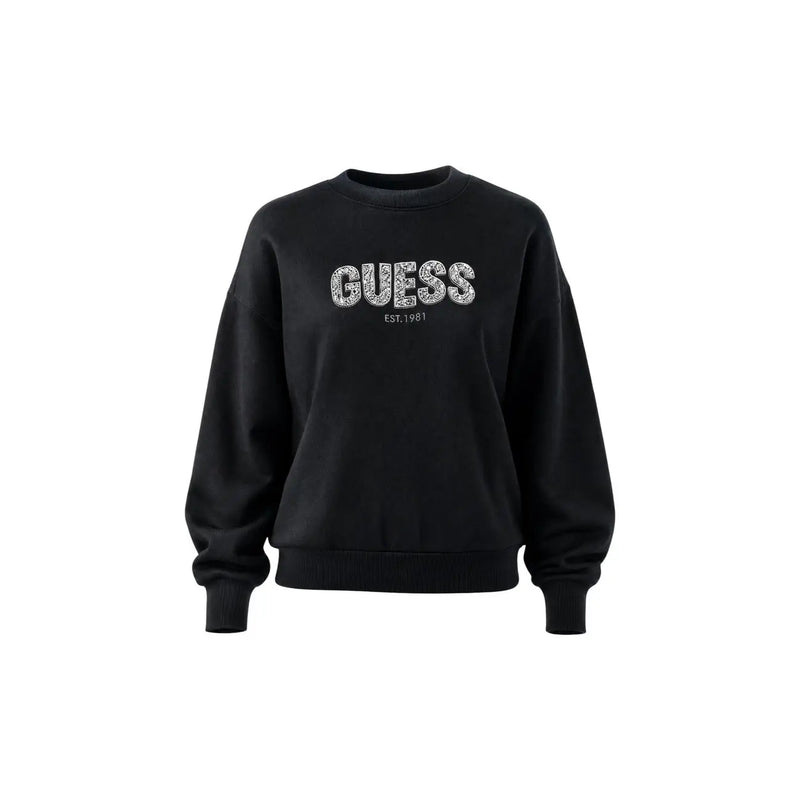 Black Guess women sweatshirt in viscose blend featuring a sparkling silver Guess est logo on the front