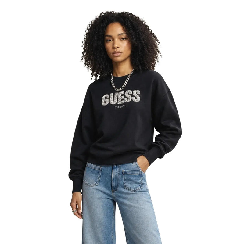 Guess women black sweatshirt with sparkling silver logo est made from viscose blend fabric for casual wear