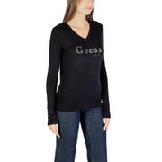 Schwarz Guess Damen-Strickpullover mit V-Ausschnitt aus Viskose mit funkelnden Strassbuchstaben auf der Brust