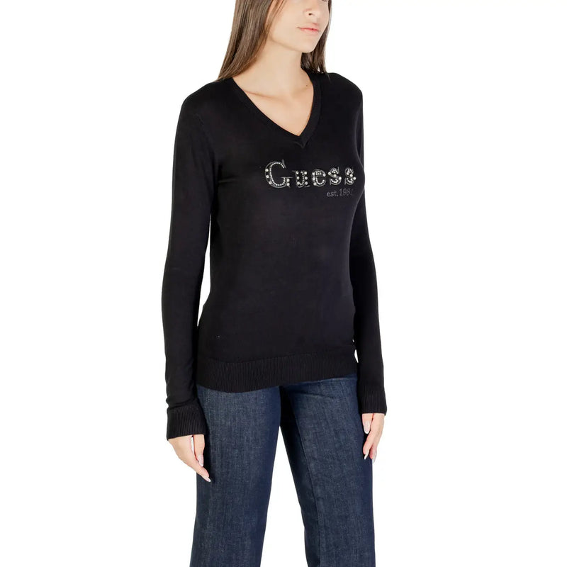Schwarz Guess Damen-Strickpullover mit V-Ausschnitt aus Viskose mit funkelnden Strassbuchstaben auf der Brust
