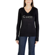 Guess Schwarzer Damen-Strickpullover mit V-Ausschnitt, funkelnden Strassbuchstaben und gerippten Bündchen aus Viskose.