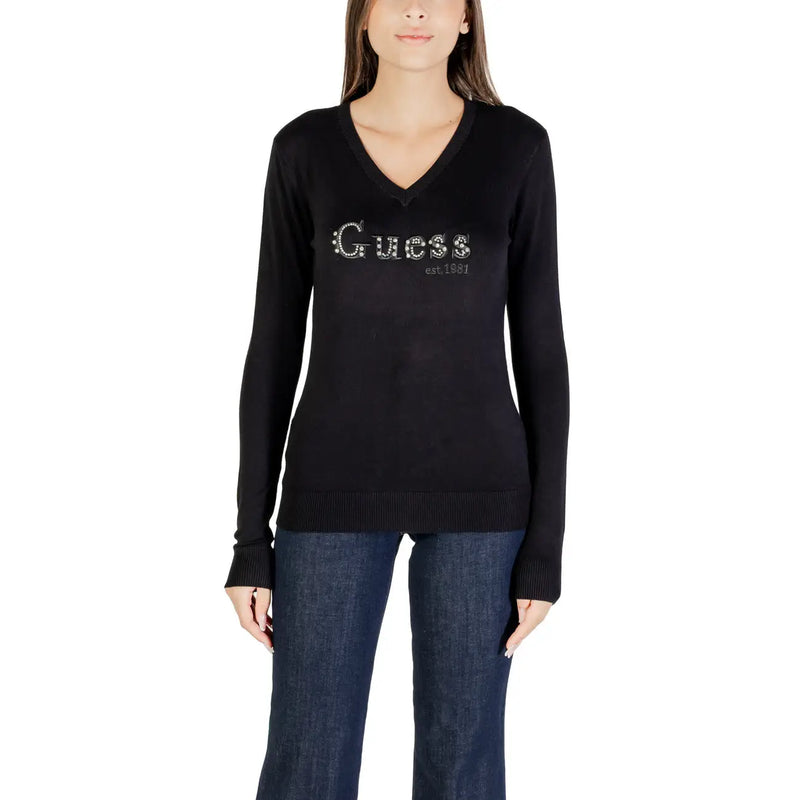 Guess Schwarzer Damen-Strickpullover mit V-Ausschnitt, funkelnden Strassbuchstaben und gerippten Bündchen aus Viskose.