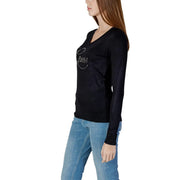 Schwarz Guess Damen-Strickpullover mit V-Ausschnitt und funkelnden Strassbuchstaben auf der Brust