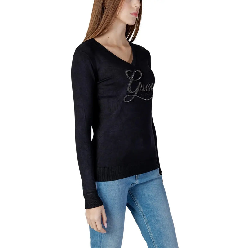 Guess Schwarzer Damen-Strickpullover mit V-Ausschnitt, Strasssteinen, langen Ärmeln und funkelnder silberner Logostickerei