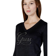 Schwarz Guess Damen-Strickpullover mit V-Ausschnitt, Strasssteinen, funkelndem Logo und langen Ärmeln aus weichem Material
