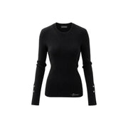 Guess Schwarzer Damen-Rippstrickpullover aus Viskose mit silbernen Knopfbündchen und dezentem, gesticktem Logo auf der Vorderseite