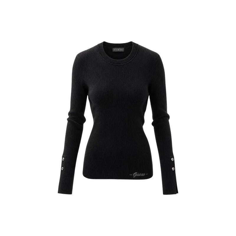 Guess Schwarzer Damen-Rippstrickpullover aus Viskose mit silbernen Knopfbündchen und dezentem, gesticktem Logo auf der Vorderseite