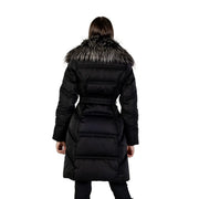 Guess Schwarze, lange Damen-Winterjacke aus Baumwollmischgewebe mit Reißverschluss, schwarzer Steppjacke und flauschigem, mehrfarbigem Pelzkragen