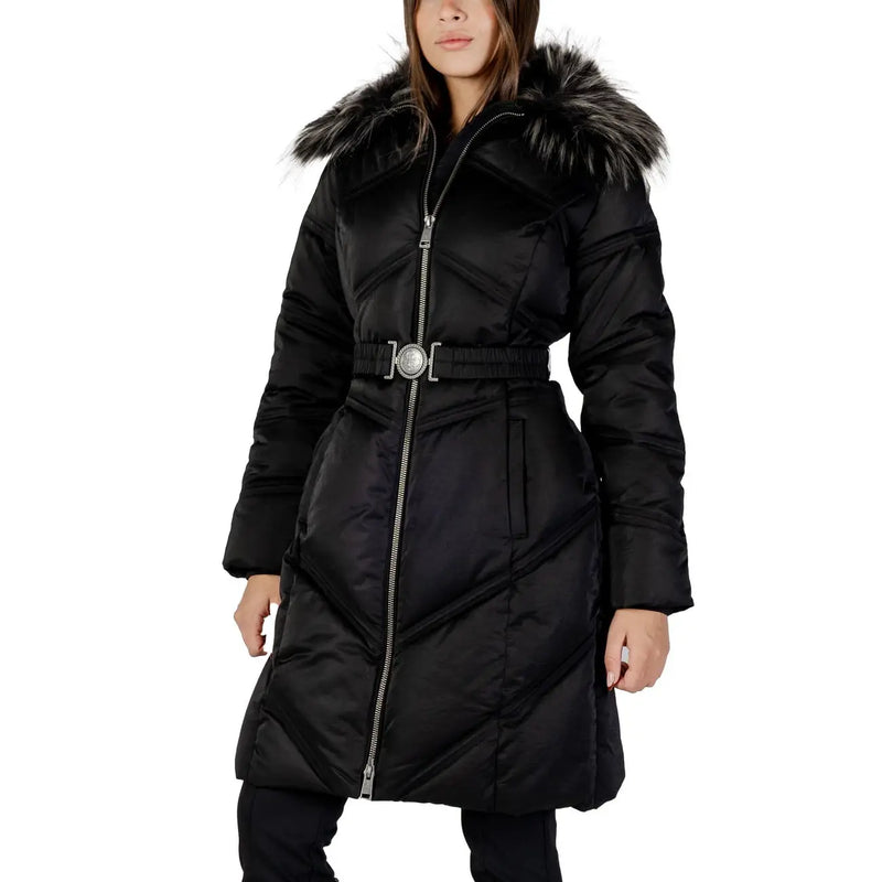 Guess Schwarze, lange Damen-Winterjacke aus Baumwollmischgewebe mit Reißverschluss, schwarzer Steppjacke, gefütterter Kapuze und silberfarbener Gürtelschnalle
