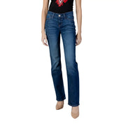 Guess Damen-Jeans aus blauem Zigaretten-Denim in dunkler Waschung mit klassischem geradem Bein und sichtbaren Ziernähten aus Baumwollmischgewebe.