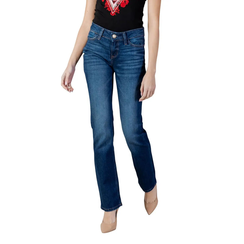 Guess Damen-Zigarettenjeans aus blauem Denim mit mittelblauer Waschung, Baumwollmischgewebe und klassischem geradem Beinschnitt mit sichtbaren Nähten