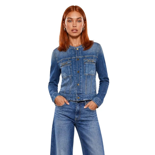 Guess Damenblazer Ivy aus blauer Baumwolle mit Knopfleiste und zwei Vordertaschen aus Denim