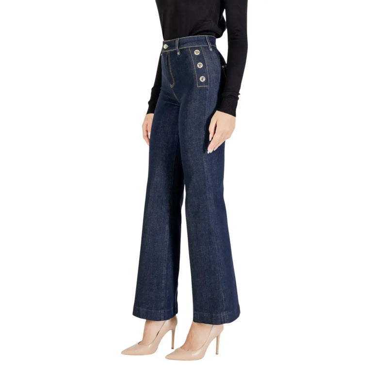 Guess Damen-Jeans aus blauem Baumwoll-Denim in schmaler Passform mit dunkelblauem, hochgeschnittenem Schlag und drei silbernen Knöpfen