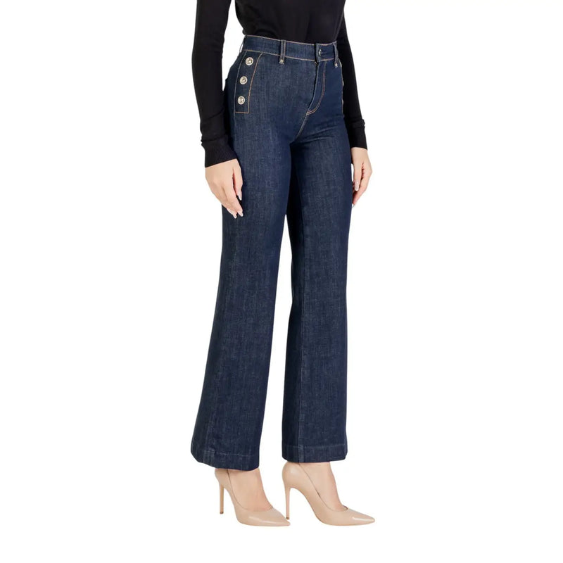 Guess Damen-Jeans aus blauem Baumwoll-Denim, schmal geschnitten, hochgeschnitten, mit Schlag, dunkelblauem Stoff und drei silbernen Seitenknöpfen