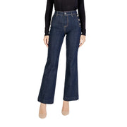 Guess Damen-Jeans aus blauem Baumwoll-Denim, schmal geschnitten, mit dunkelblauem Schlaghosenbein und Knopfdetails an den Seitennähten