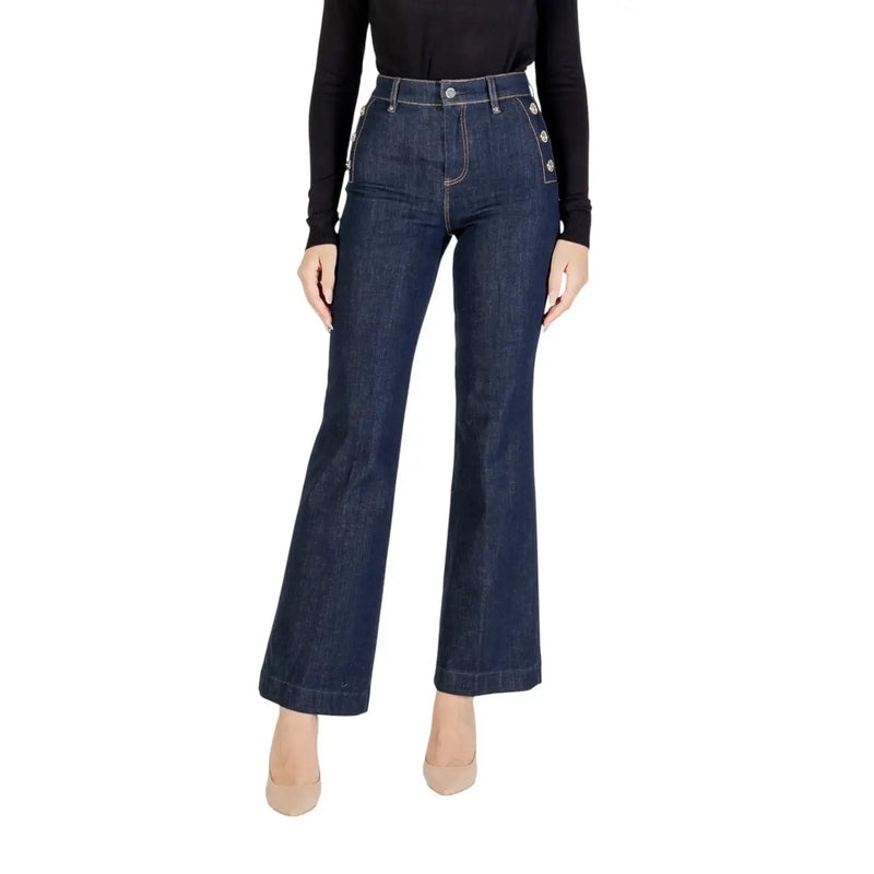 Guess Damen-Jeans aus blauem Baumwoll-Denim, schmal geschnitten, mit dunkelblauem Schlaghosenbein und Knopfdetails an den Seitennähten