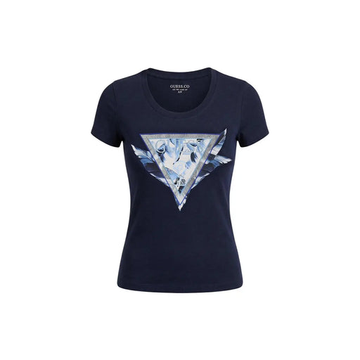Navy blue Guess Women cotton round neck short sleeve t shirt with a triangular abstract icy blue and silver graphic