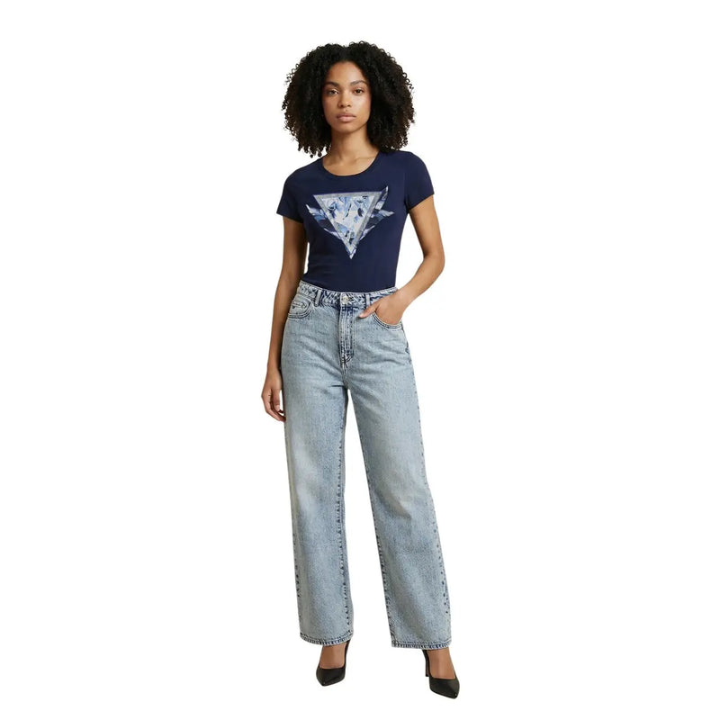 Guess women blue cotton round neck short sleeve t shirt with a white triangular icy graphic design on the front